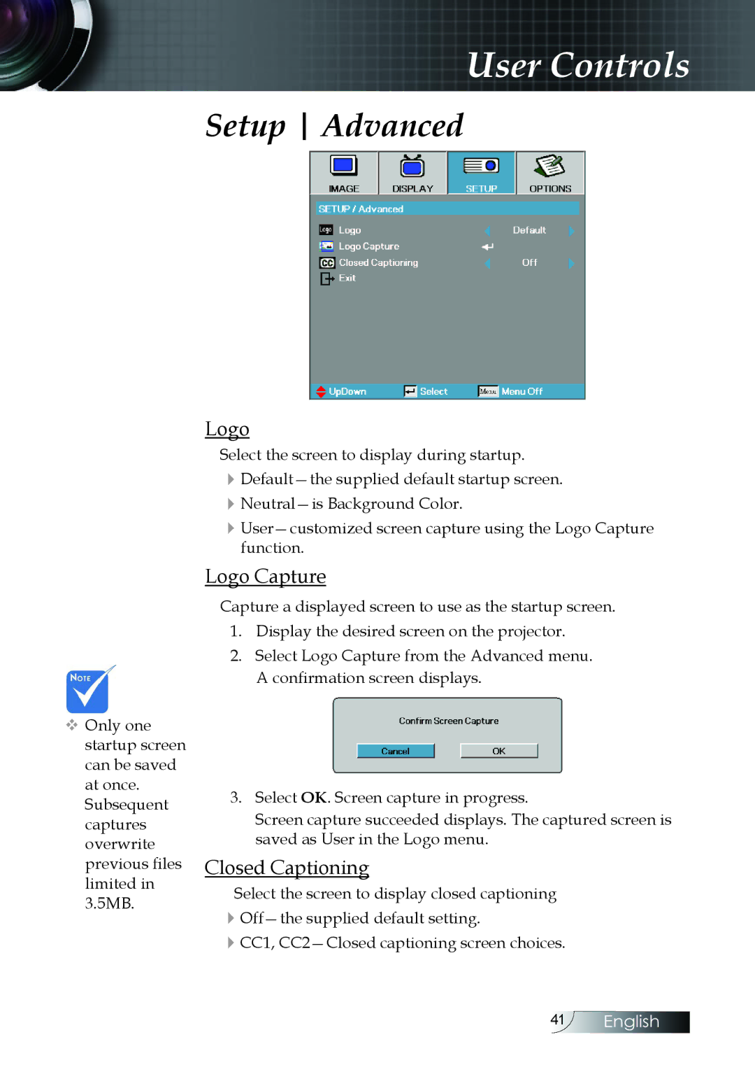 Optoma Technology W304M manual Setup Advanced, Logo Capture, Closed Captioning 