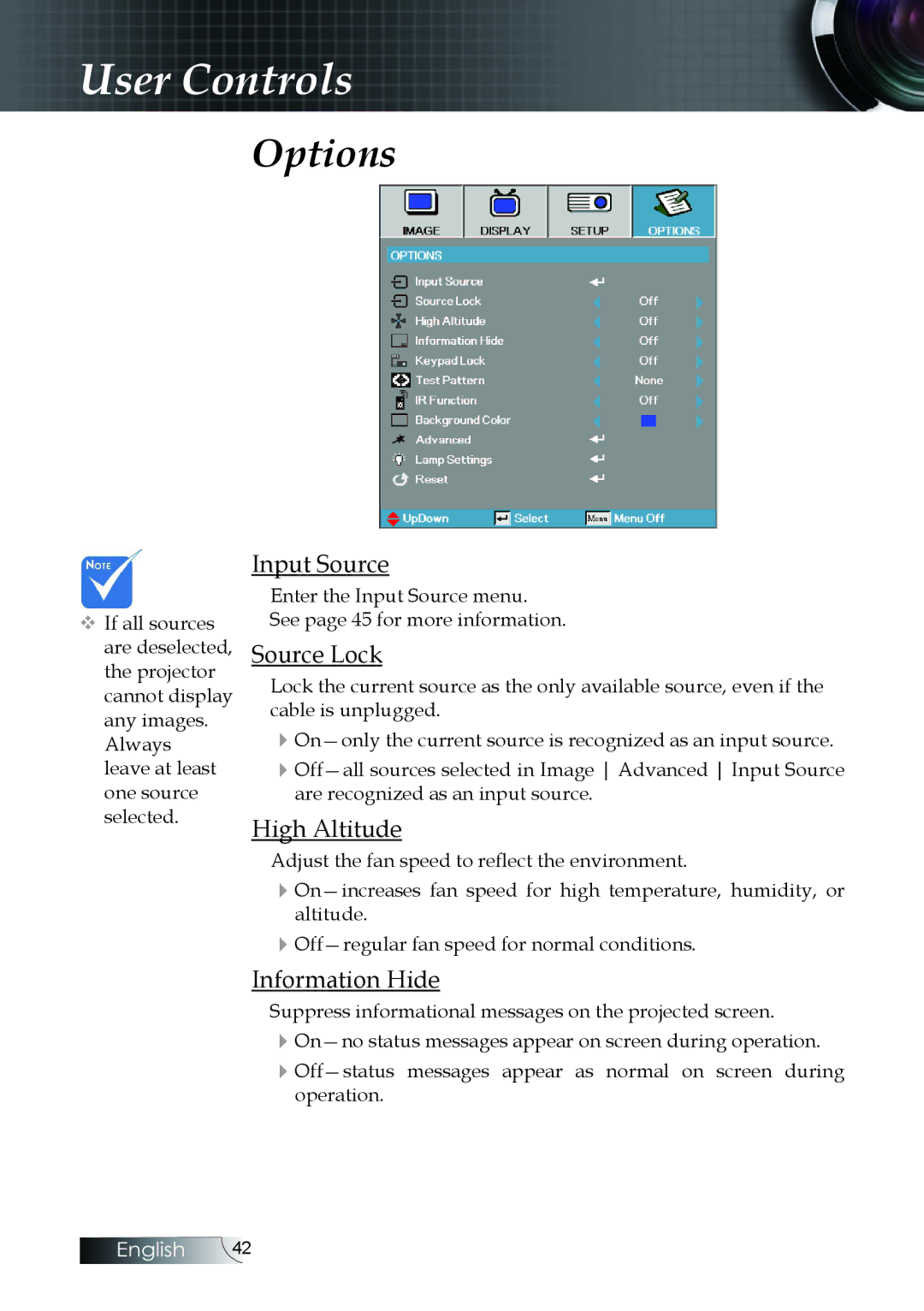 Optoma Technology W304M manual Options, Input Source, Source Lock, High Altitude, Information Hide 