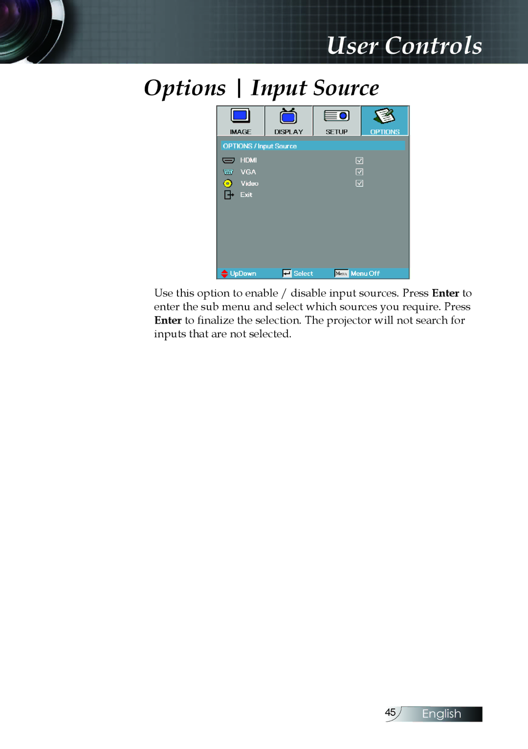 Optoma Technology W304M manual Options Input Source 