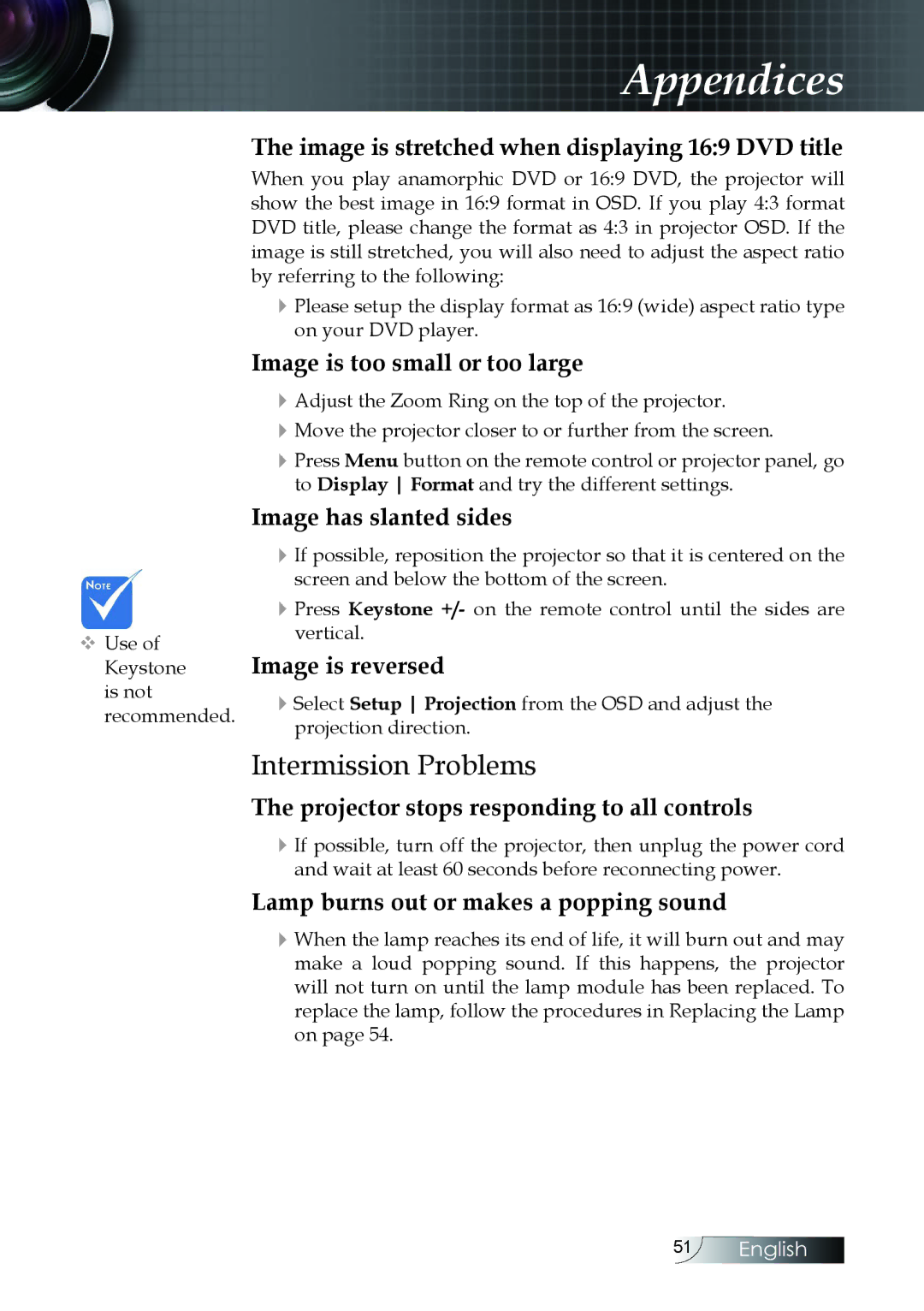 Optoma Technology W304M manual Intermission Problems, Image is stretched when displaying 169 DVD title 