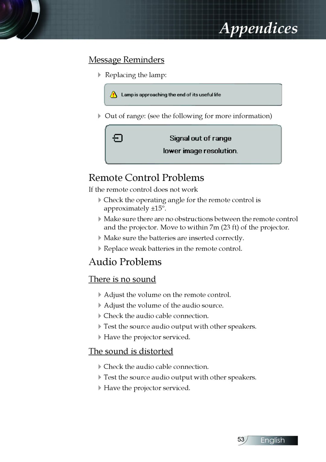 Optoma Technology W304M manual Remote Control Problems, Audio Problems, Message Reminders, There is no sound 