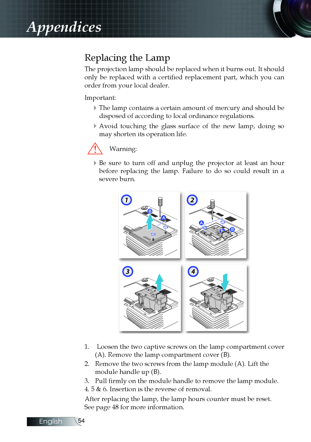 Optoma Technology W304M manual Replacing the Lamp 