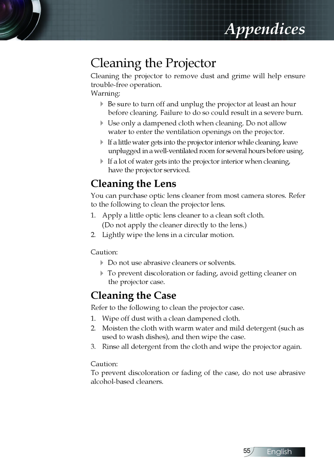 Optoma Technology W304M manual Cleaning the Projector, Cleaning the Lens 