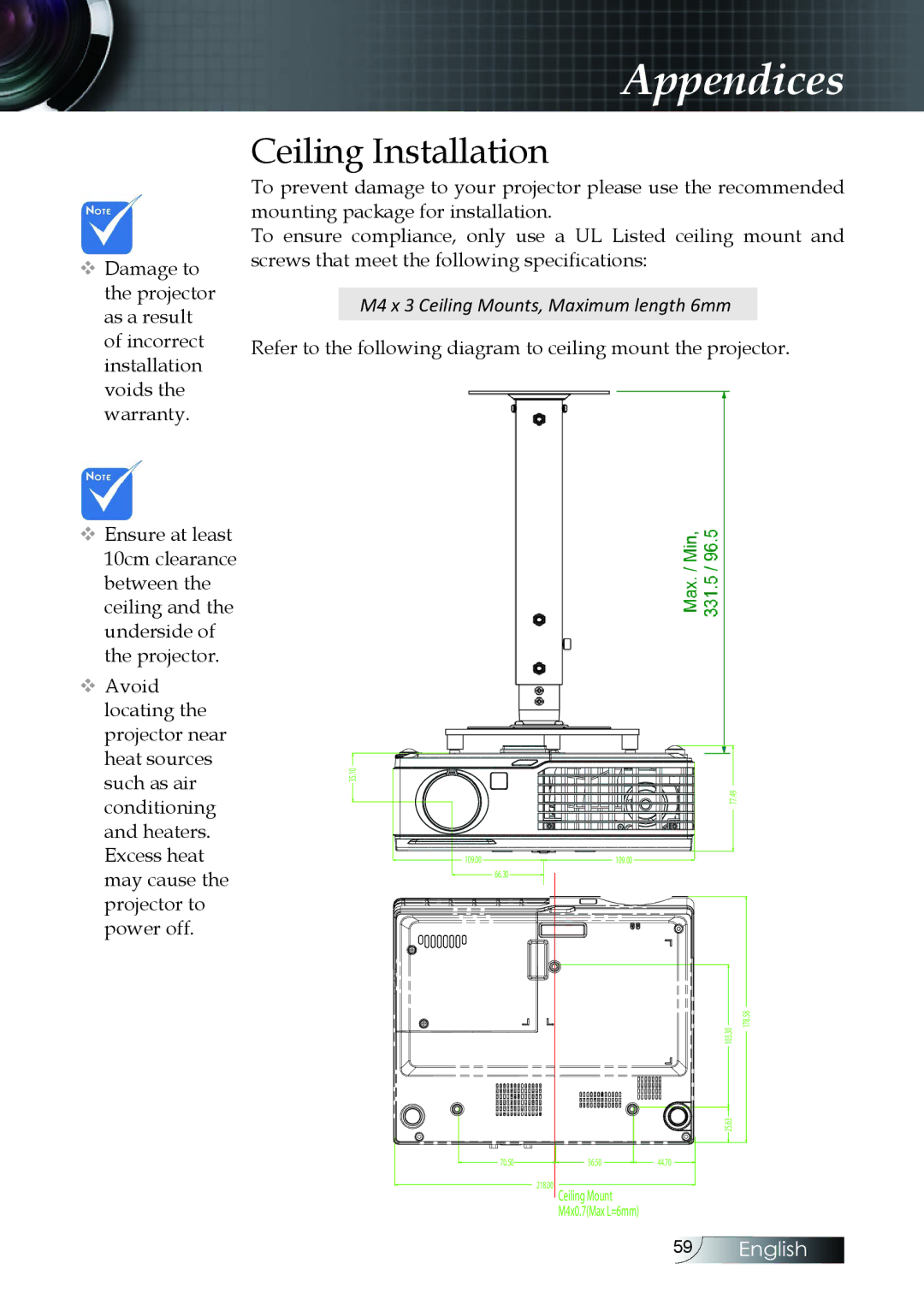 Optoma Technology W304M manual Ceiling Installation, M4 x 3 Ceiling Mounts, Maximum length 6mm 