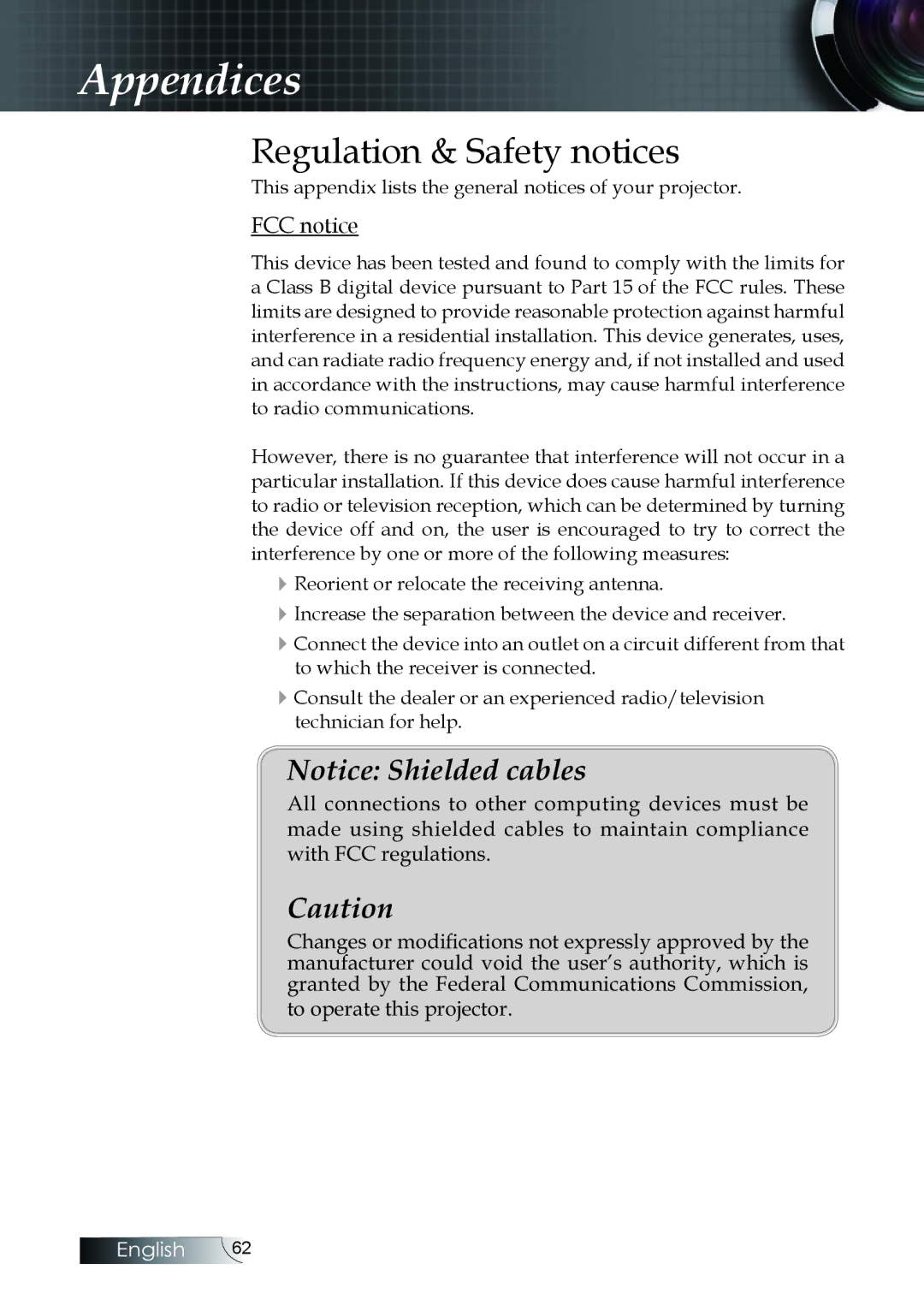 Optoma Technology W304M manual Regulation & Safety notices, FCC notice 