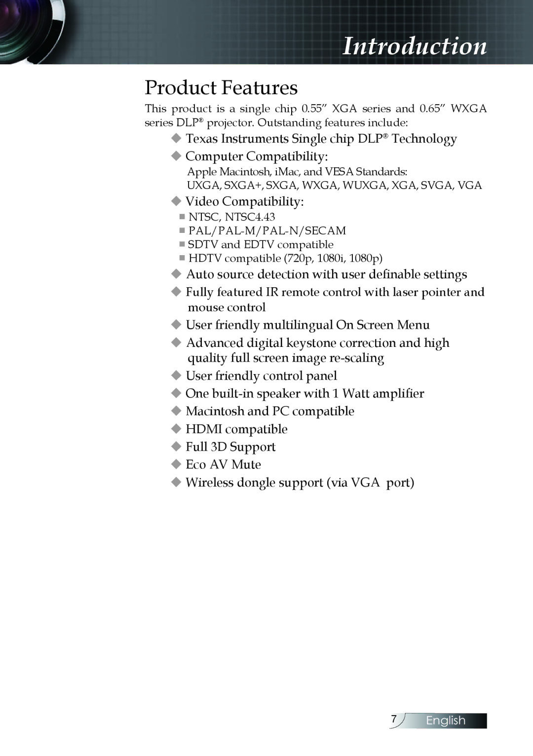 Optoma Technology W304M manual Product Features, Video Compatibility 