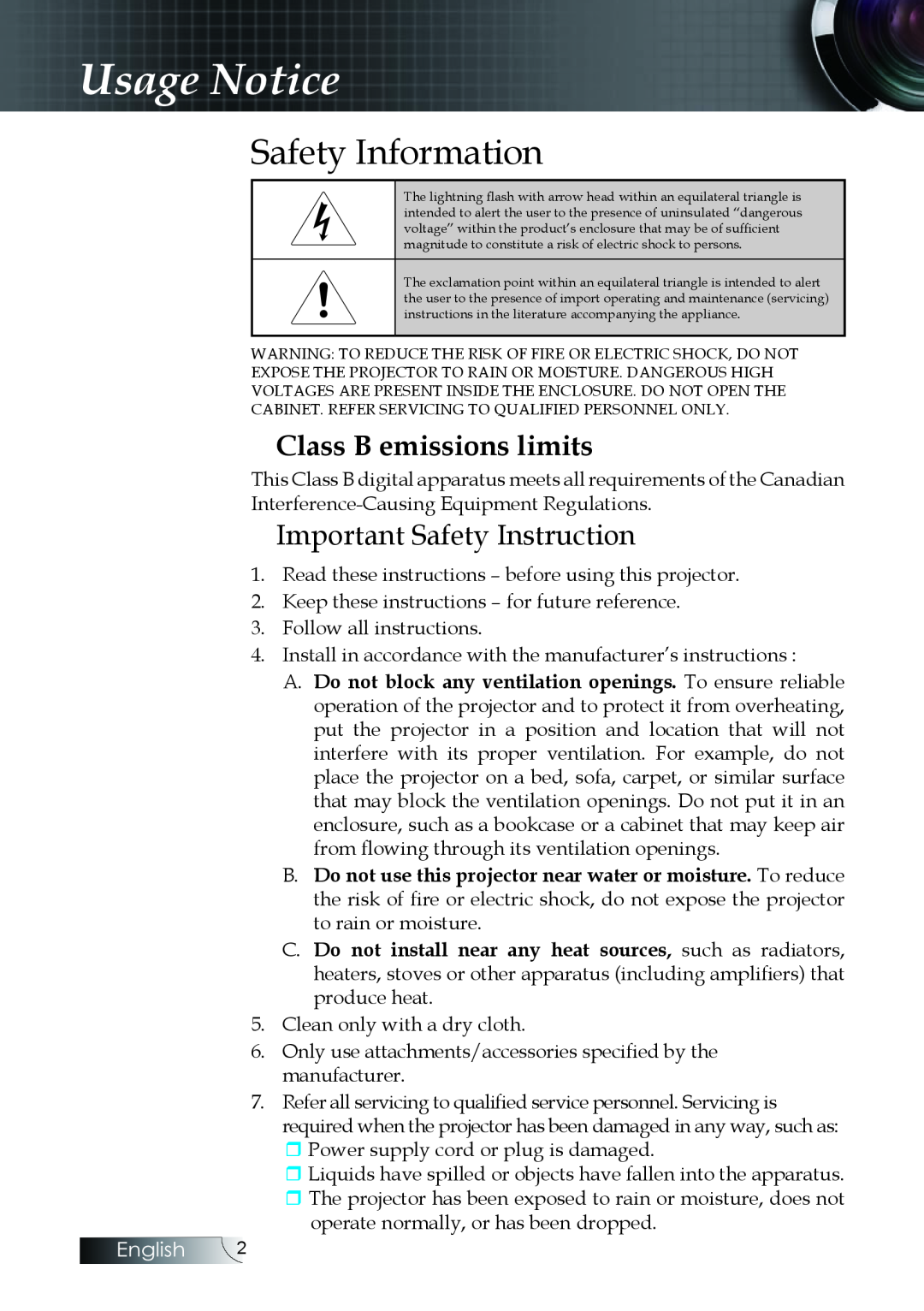 Optoma Technology W304M Usage Notice, Safety Information, Class B emissions limits, Important Safety Instruction, English 