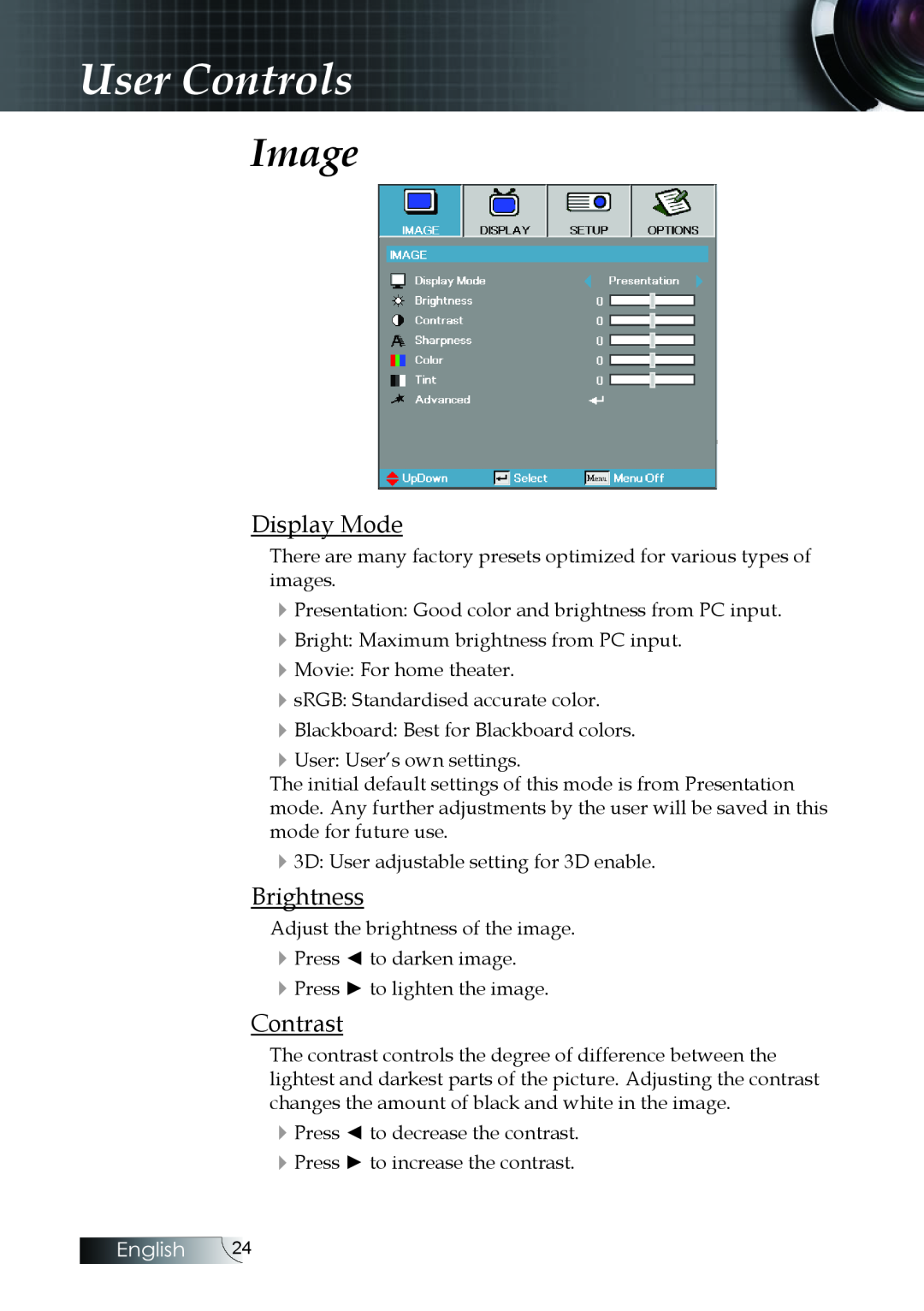 Optoma Technology W304M manual Image, Display Mode, Brightness, User Controls, English 