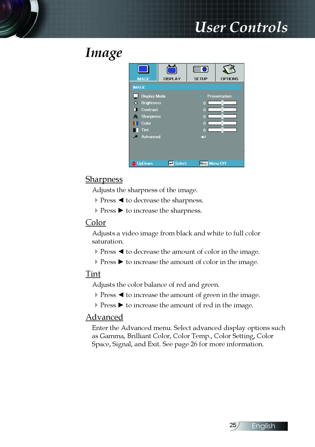 Optoma Technology W304M manual Sharpness, Color, Tint, Advanced, User Controls, Image, English 