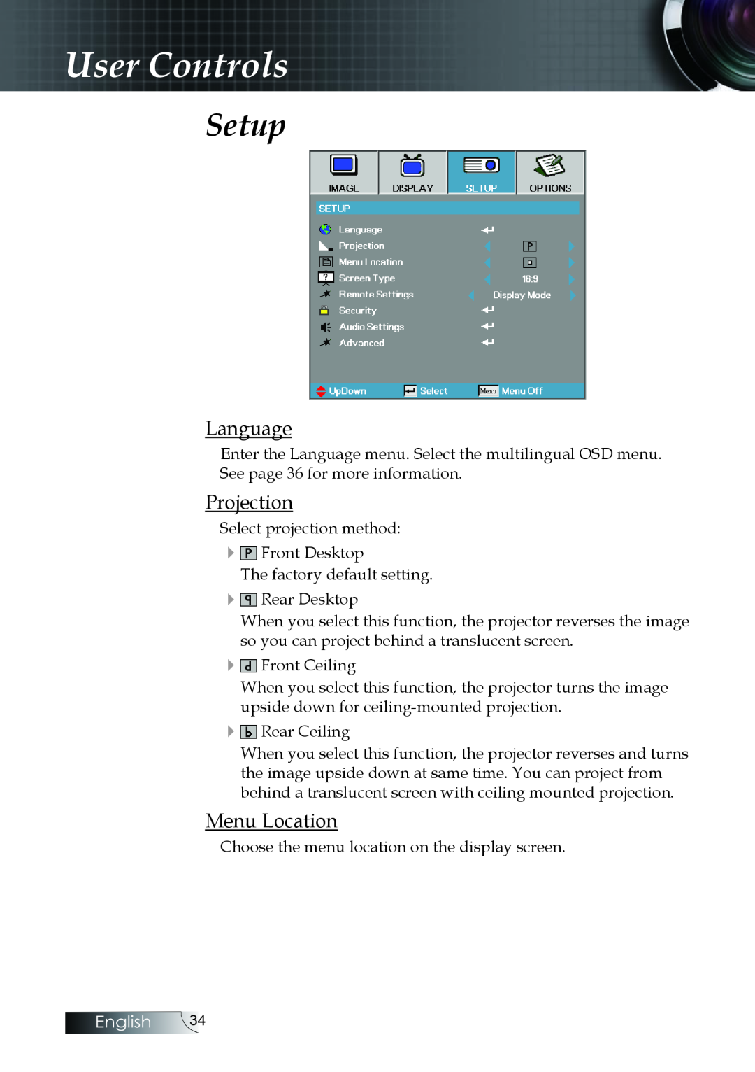 Optoma Technology W304M manual Setup, Language, Projection, Menu Location, User Controls, English 
