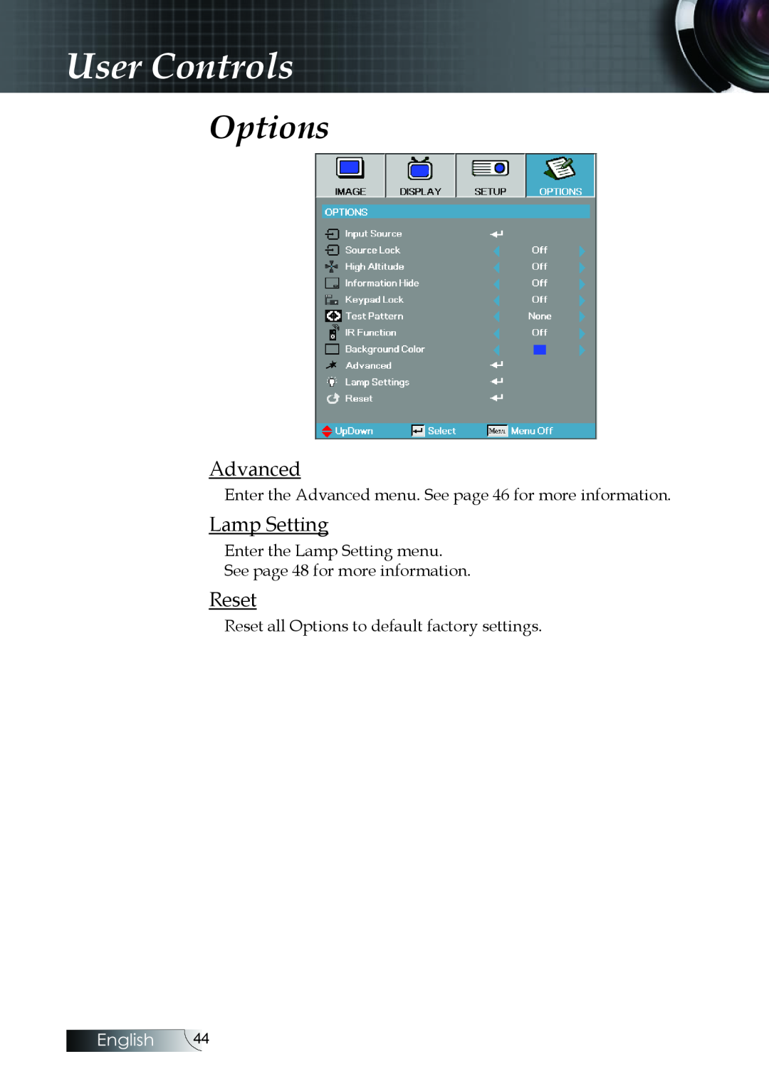 Optoma Technology W304M manual Lamp Setting, User Controls, Options, Advanced, Reset, English 