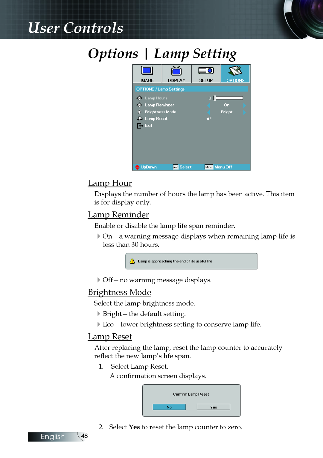 Optoma Technology W304M manual Options Lamp Setting, Lamp Hour, Lamp Reminder, User Controls, English 