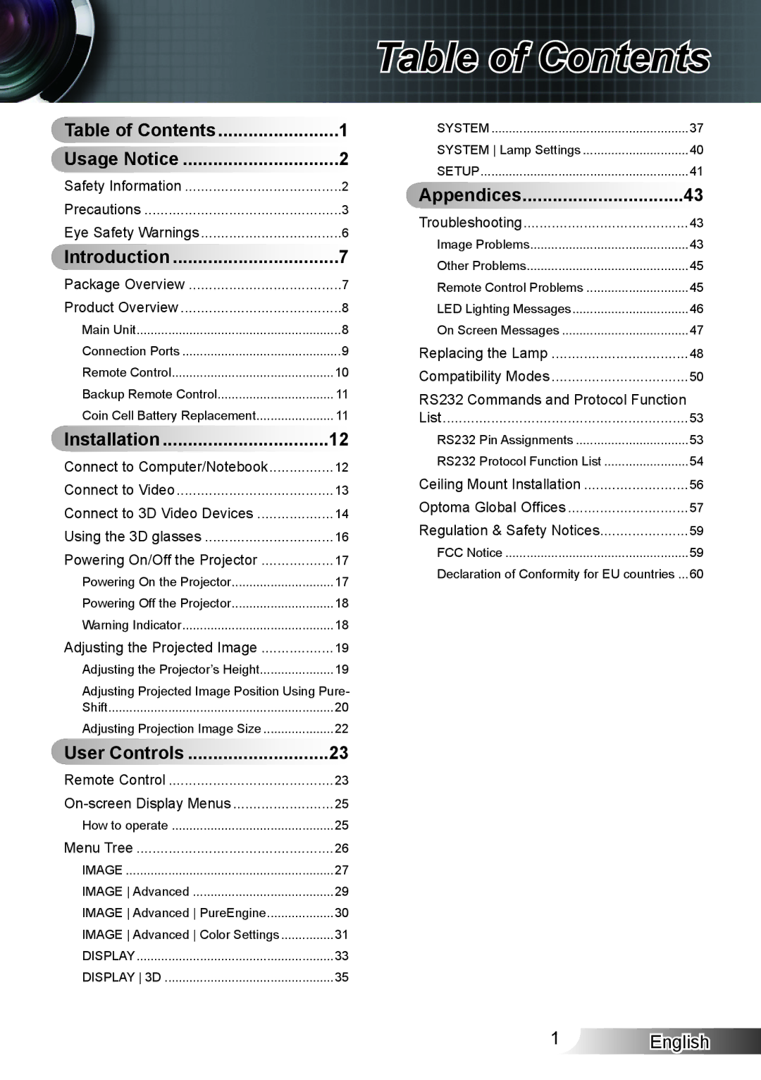 Optoma Technology XX152 N manual Table of Contents 