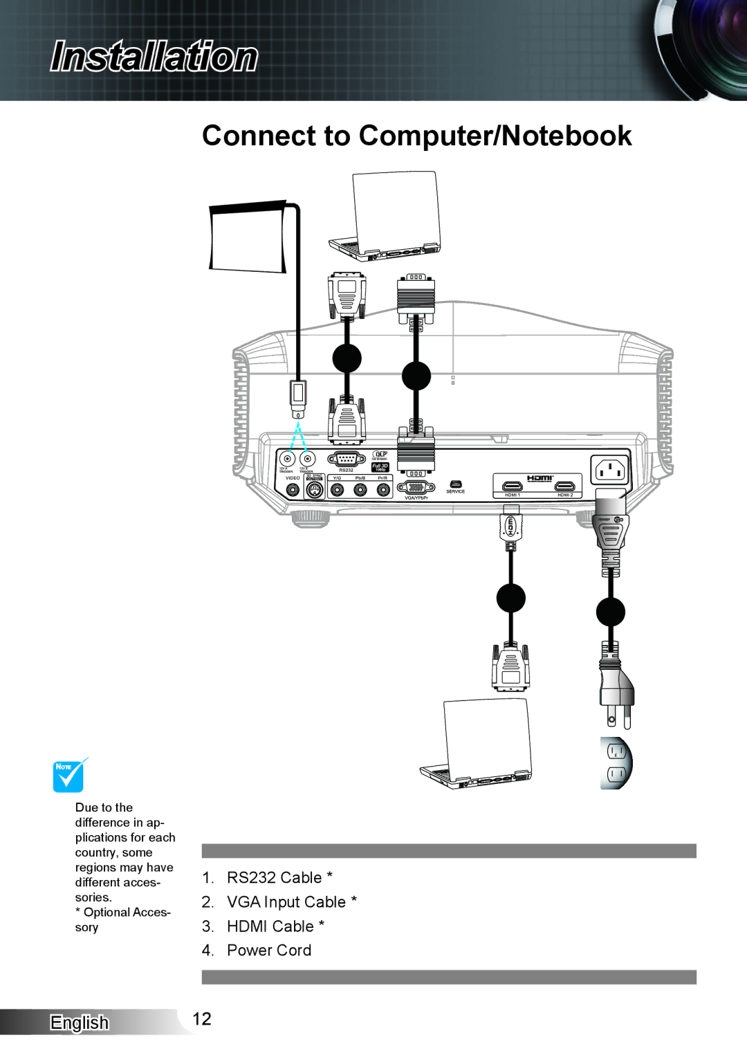 Optoma Technology XX152 N manual Installation, Connect to Computer/Notebook 