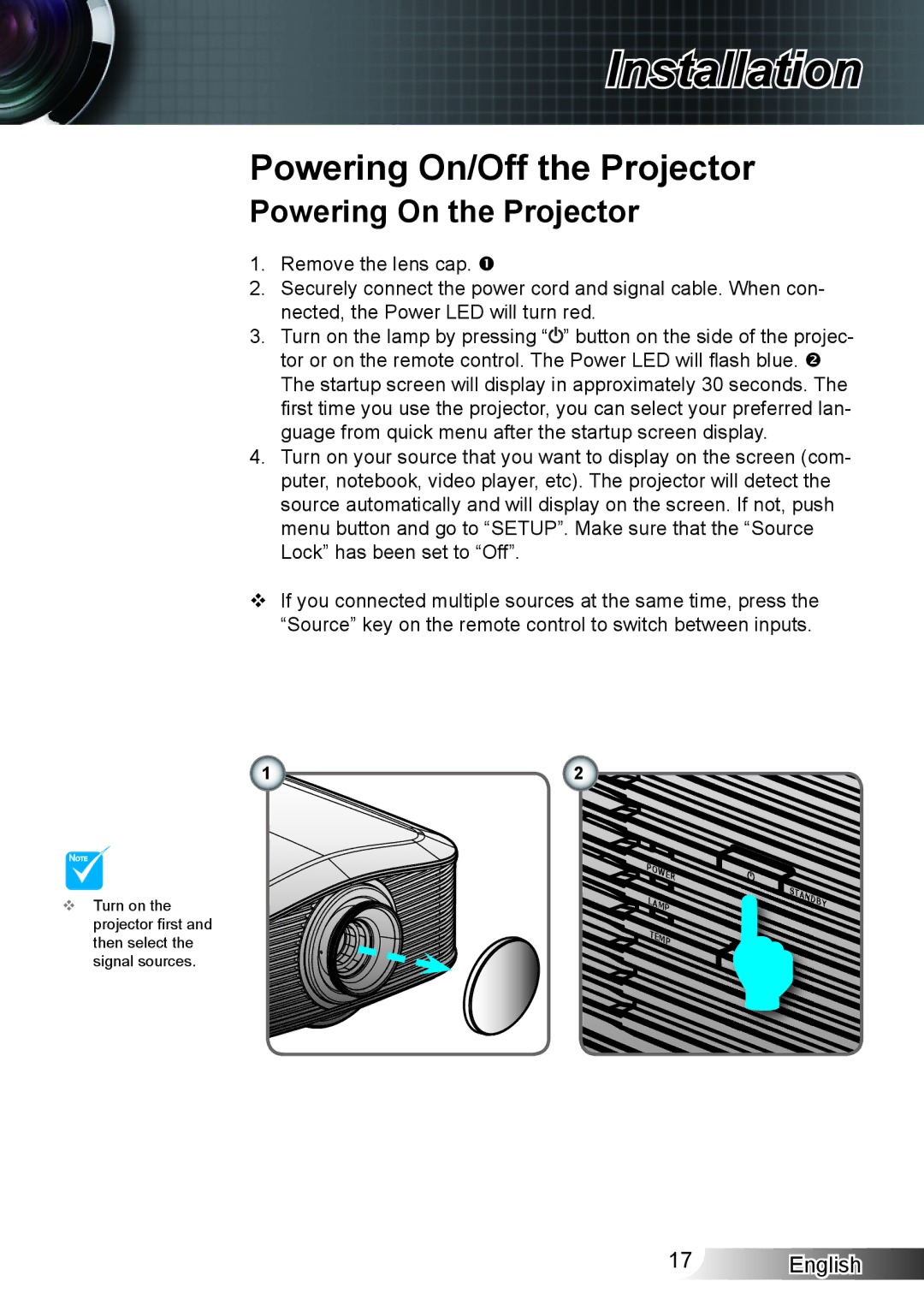 Optoma Technology XX152 N manual Powering On/Off the Projector, Powering On the Projector 