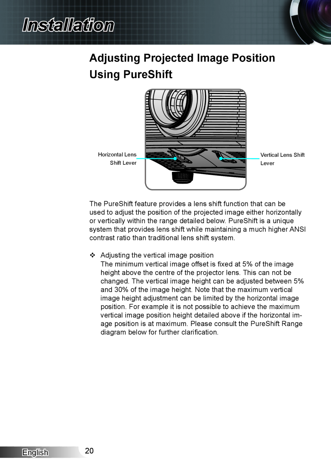 Optoma Technology XX152 N manual Adjusting Projected Image Position Using PureShift 