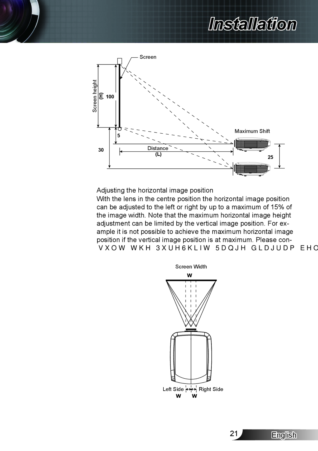 Optoma Technology XX152 N manual  Adjusting the horizontal image position 