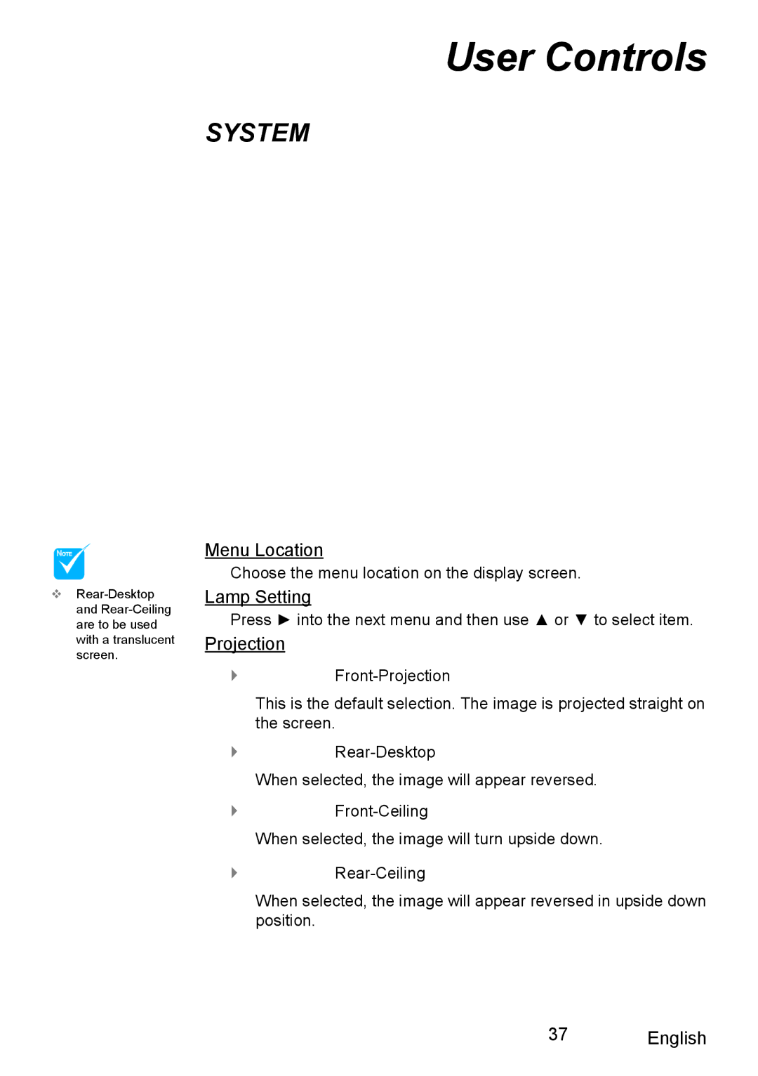 Optoma Technology XX152 N manual Menu Location, Lamp Setting, Projection 