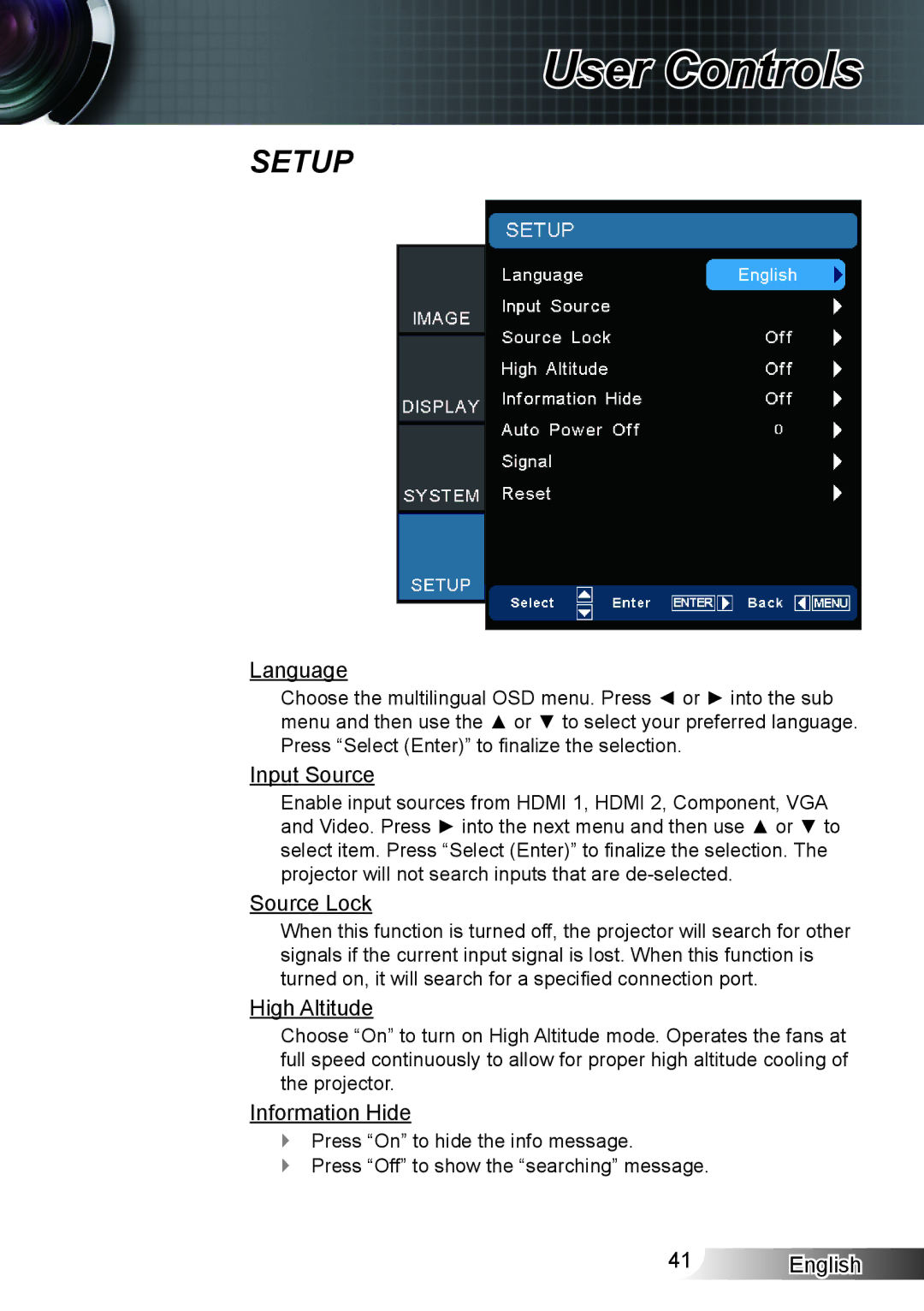 Optoma Technology XX152 N manual Language, Input Source, Source Lock, High Altitude, Information Hide 