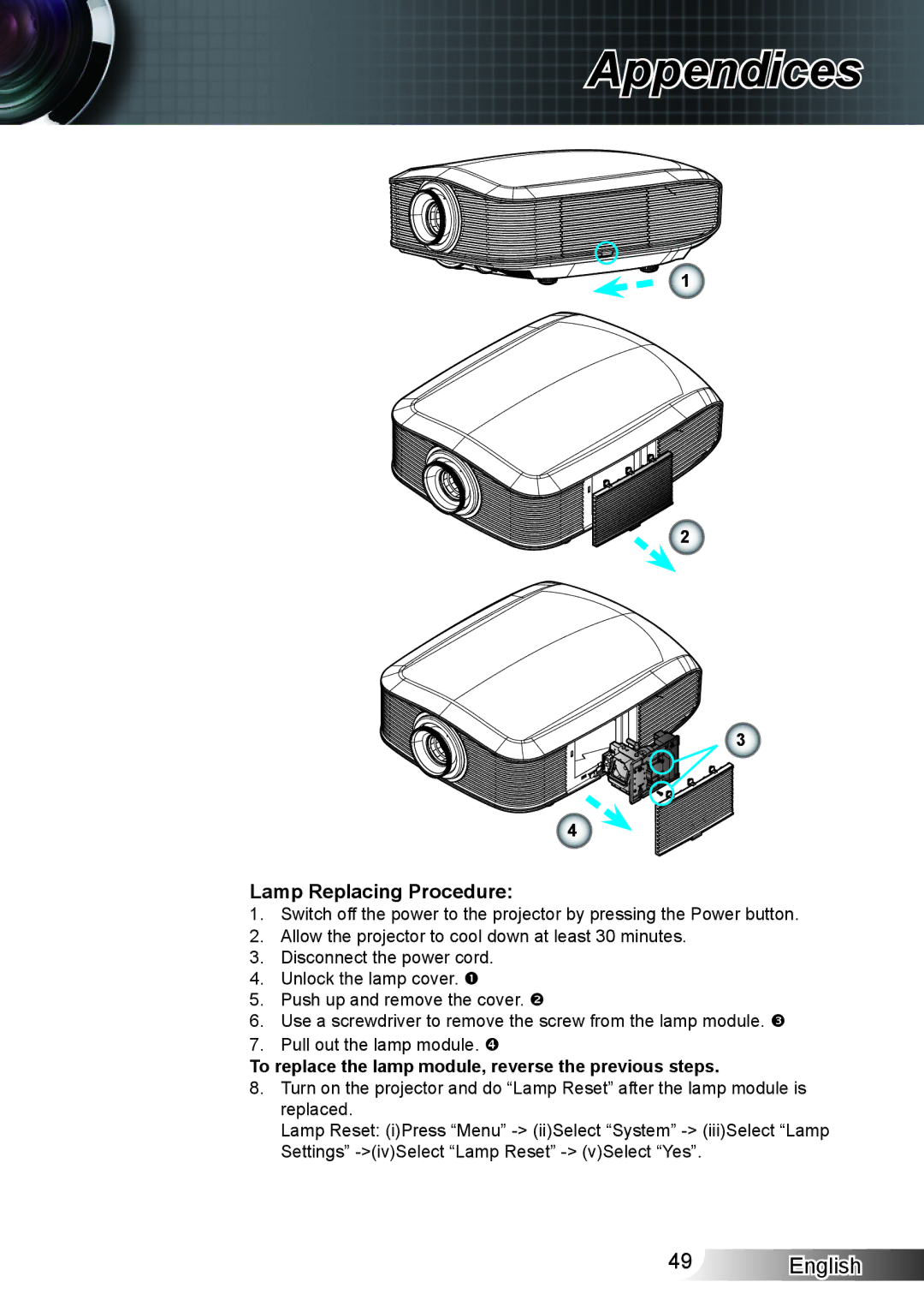 Optoma Technology XX152 N manual Lamp Replacing Procedure 