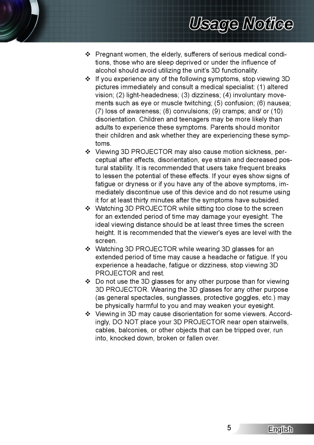 Optoma Technology XX152 N manual Usage Notice 