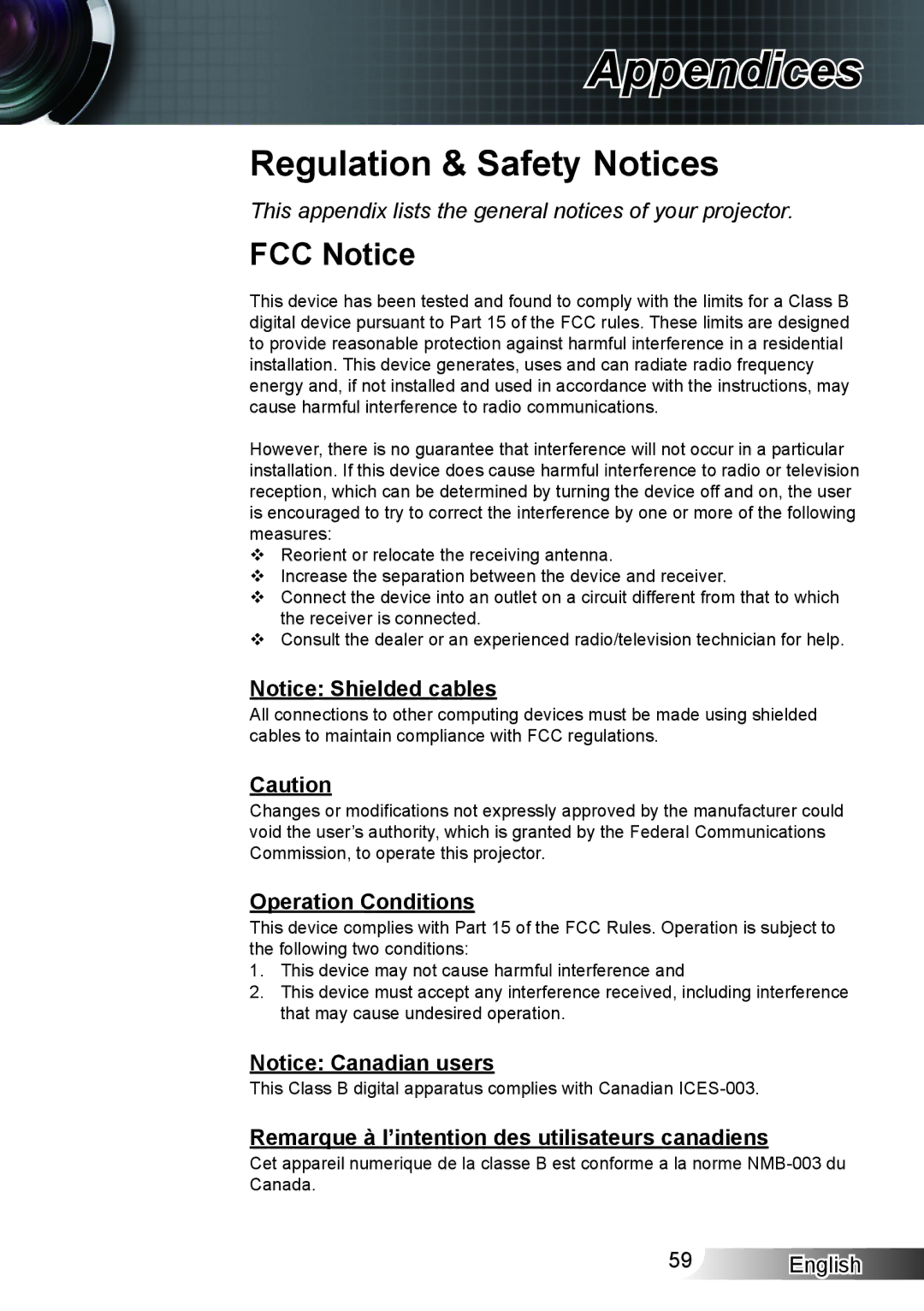 Optoma Technology XX152 N manual Regulation & Safety Notices, FCC Notice, Operation Conditions 