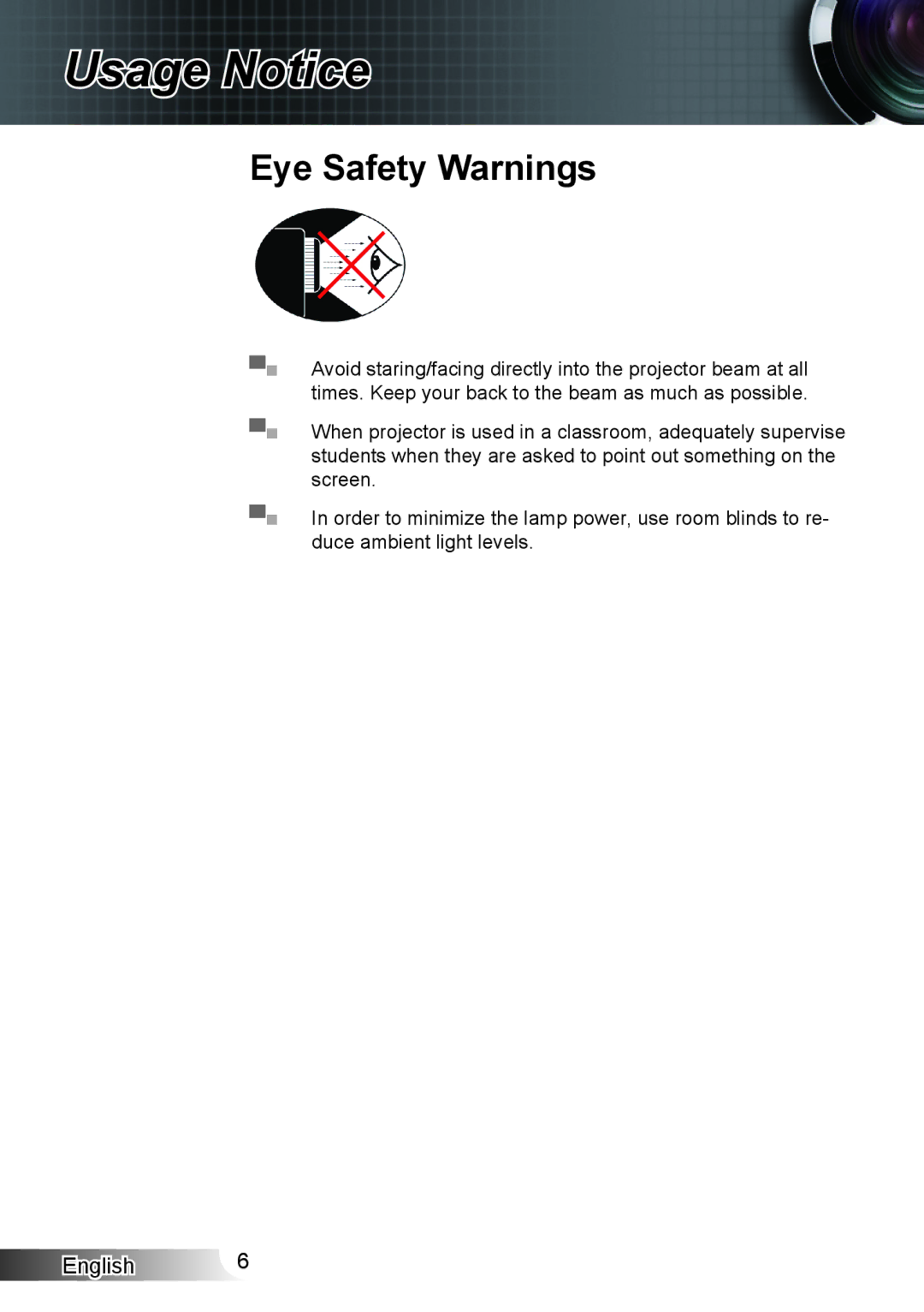 Optoma Technology XX152 N manual Eye Safety Warnings 