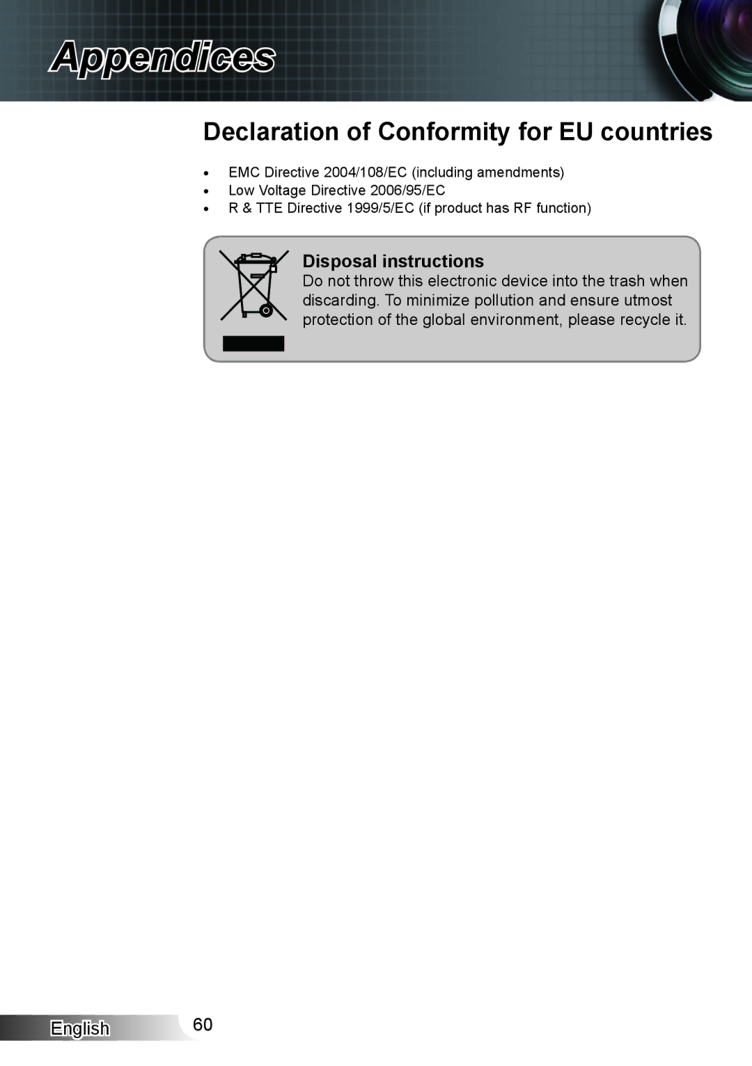 Optoma Technology XX152 N manual Declaration of Conformity for EU countries, Disposal instructions 