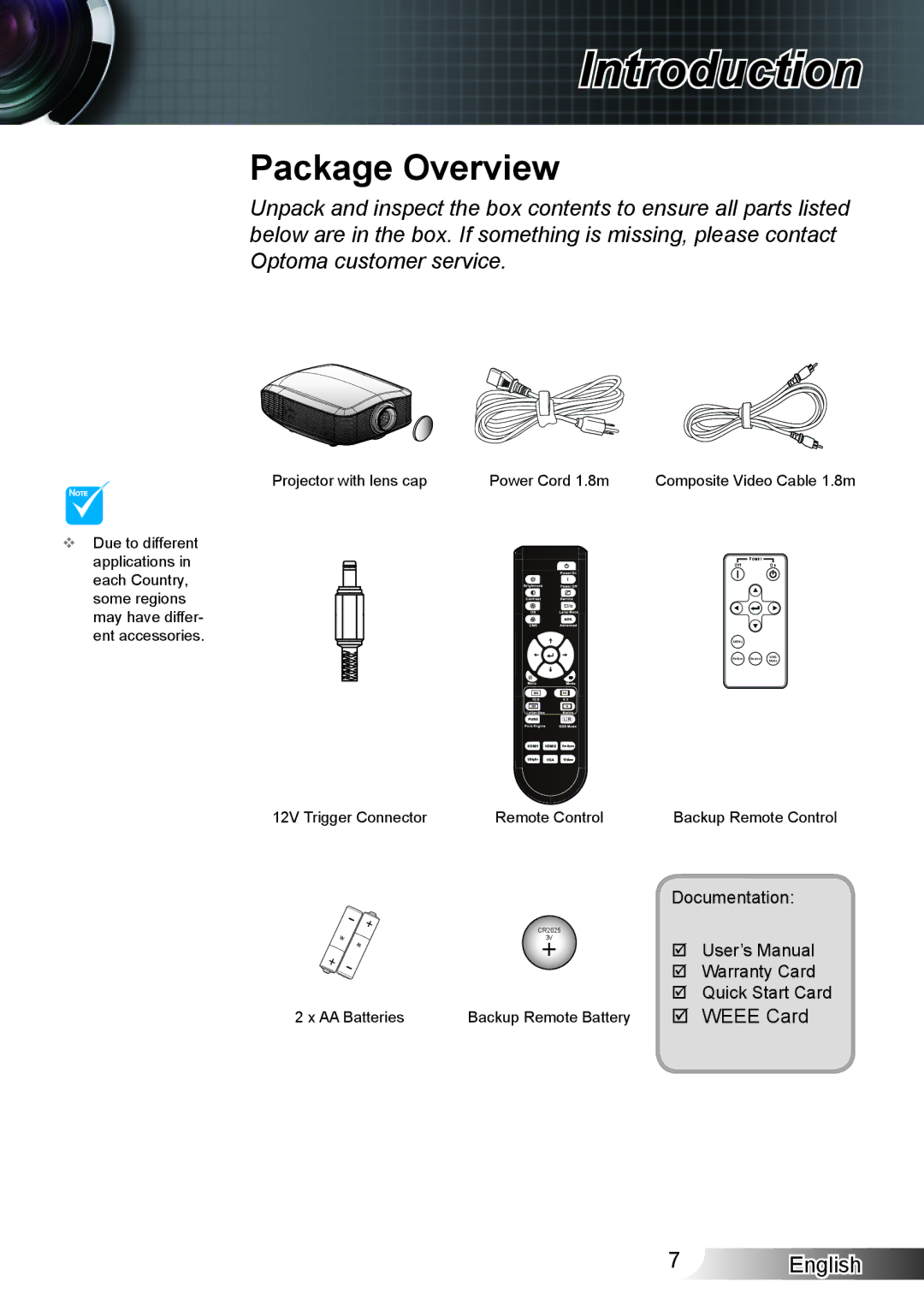 Optoma Technology XX152 N manual Introduction, Package Overview 