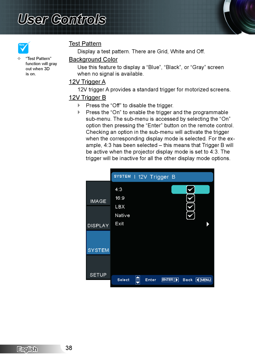 Optoma Technology XX152 N manual Test Pattern, Background Color, 12V Trigger A, 12V Trigger B, User Controls, English 