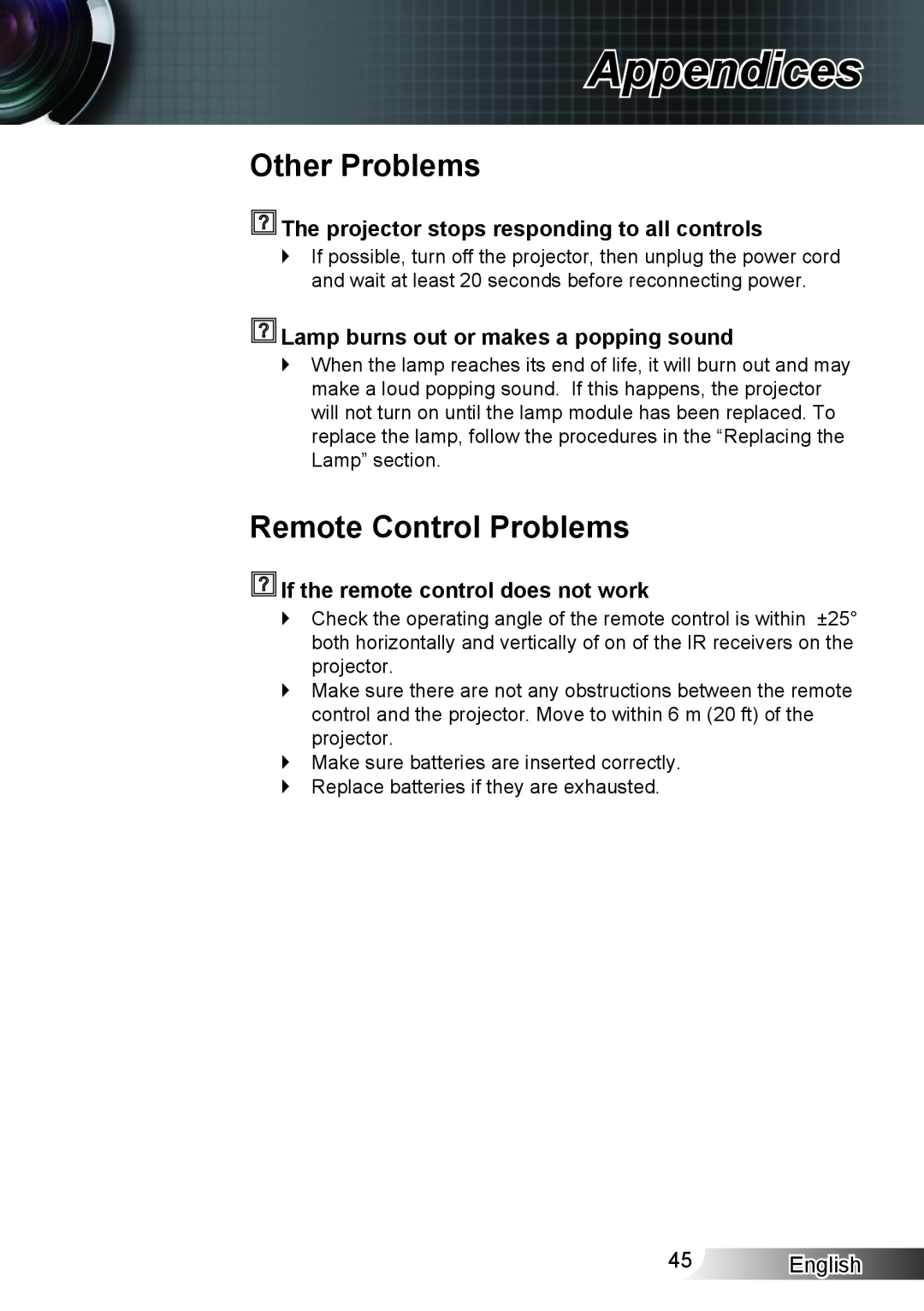 Optoma Technology XX152 N Other Problems, Remote Control Problems, The projector stops responding to all controls, English 