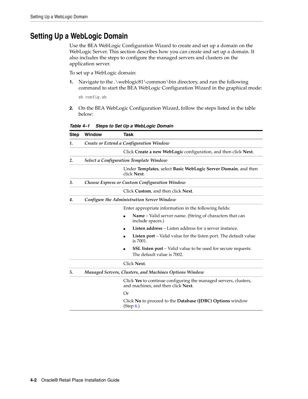 Oracle Audio Technologies 12.2 manual Setting Up a WebLogic Domain, Steps to Set Up a WebLogic Domain, Step Window 