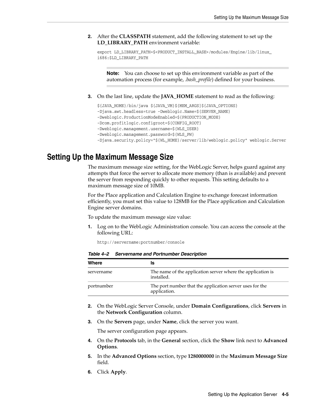 Oracle Audio Technologies 12.2 manual Setting Up the Maximum Message Size, Servername and Portnumber Description, Where 