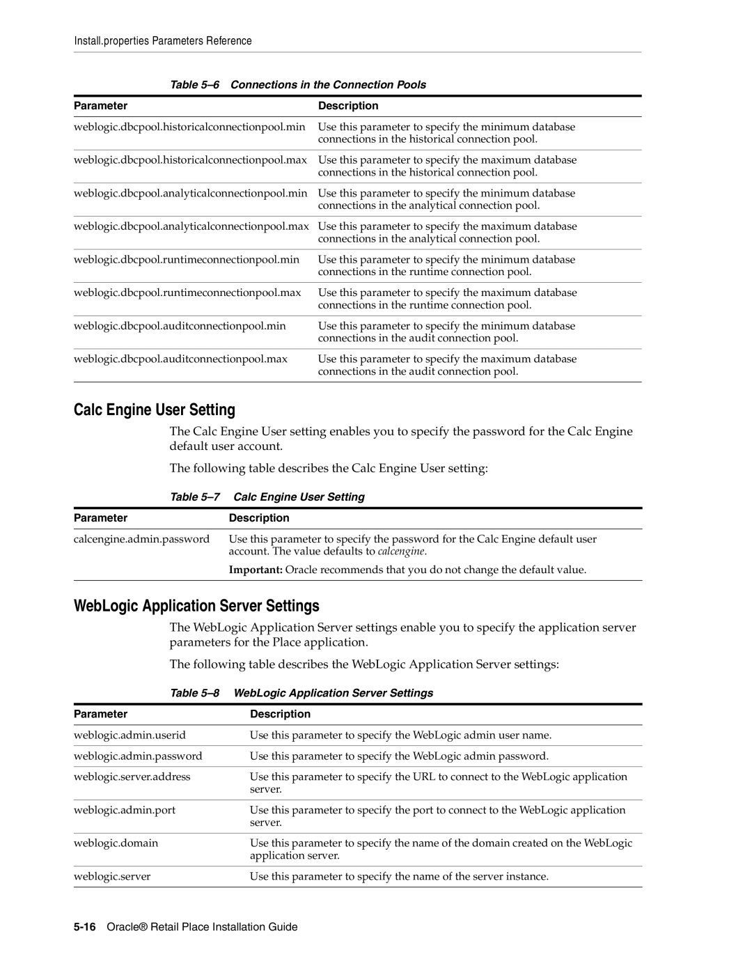 Oracle Audio Technologies 12.2 manual Calc Engine User Setting, WebLogic Application Server Settings 