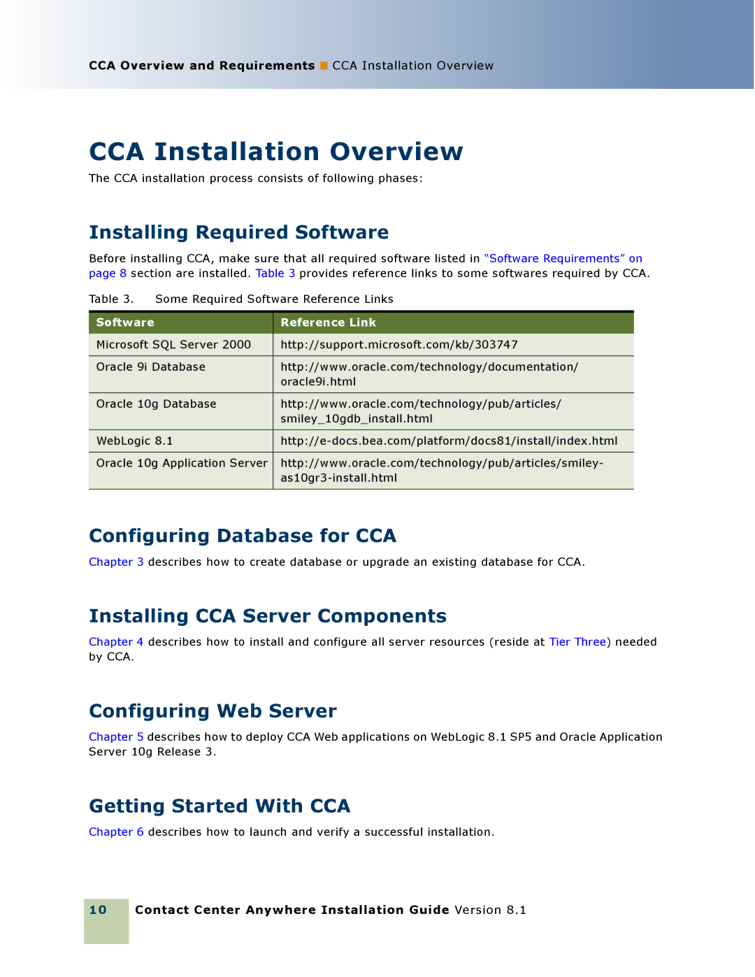 Oracle Audio Technologies 8.1 manual CCA Installation Overview 