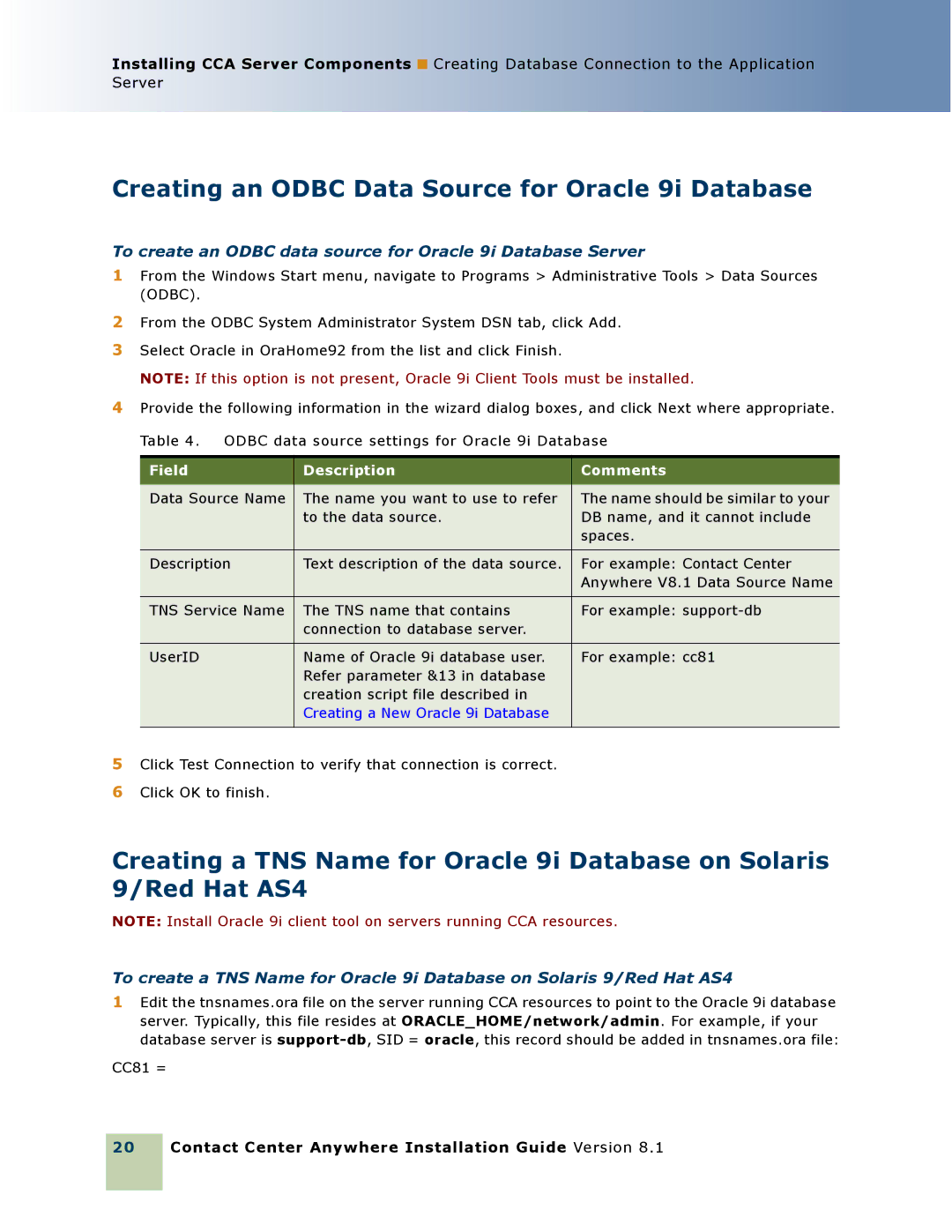 Oracle Audio Technologies 8.1 manual Creating an Odbc Data Source for Oracle 9i Database, Field Description Comments 