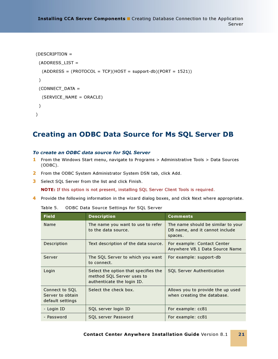 Oracle Audio Technologies 8.1 manual Creating an Odbc Data Source for Ms SQL Server DB 