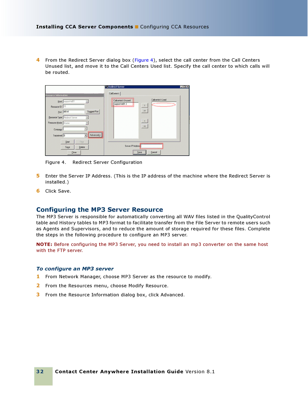 Oracle Audio Technologies 8.1 manual Configuring the MP3 Server Resource, To configure an MP3 server 