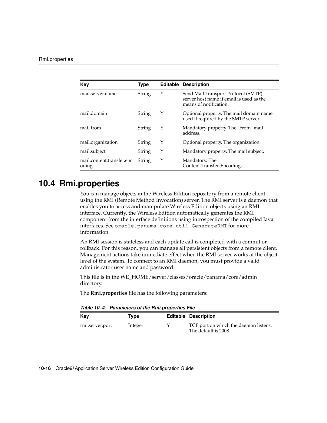 Oracle Audio Technologies 9i manual 10.4 Rmi.properties, Parameters of the Rmi.properties File 