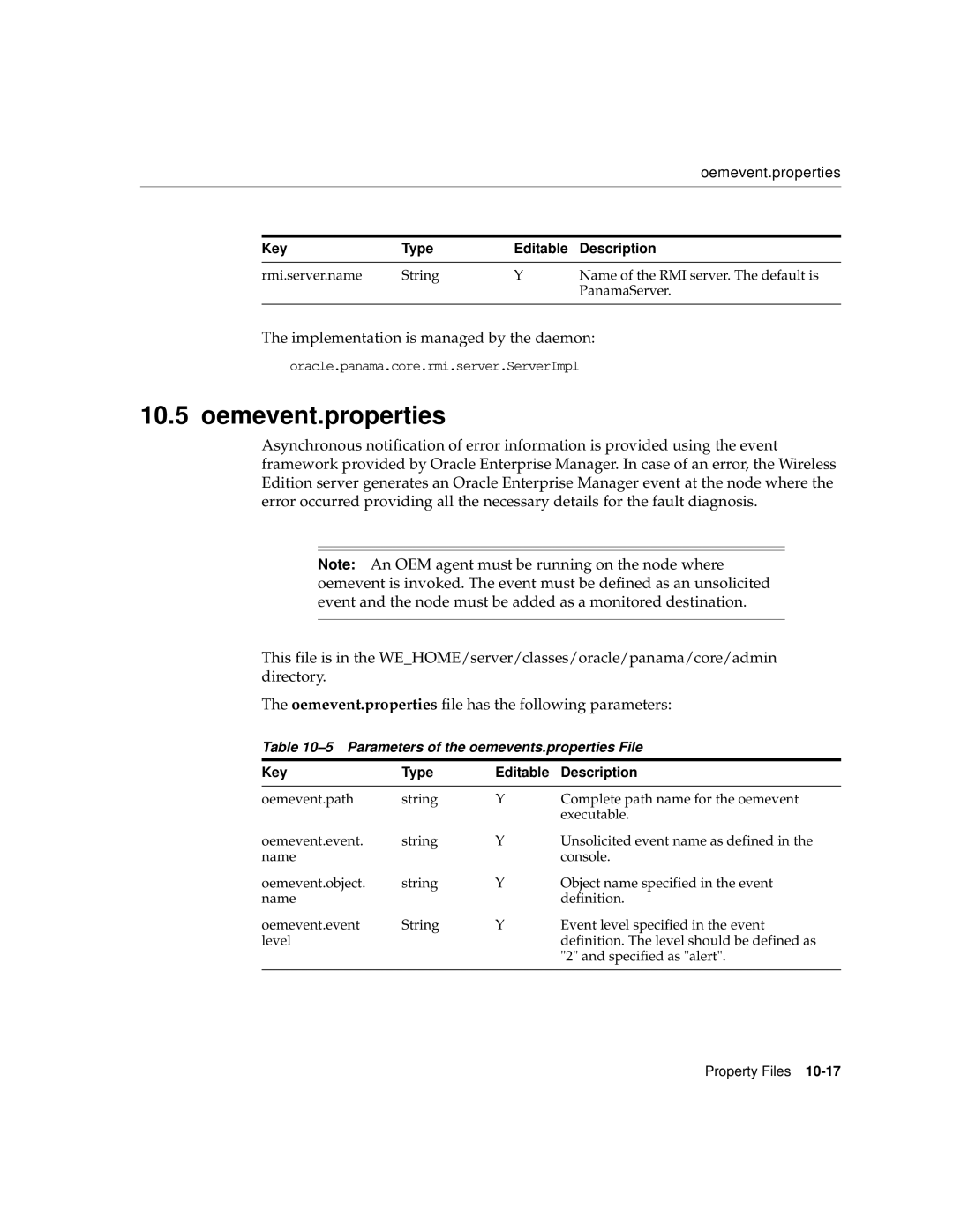 Oracle Audio Technologies 9i manual Oemevent.properties, Parameters of the oemevents.properties File 