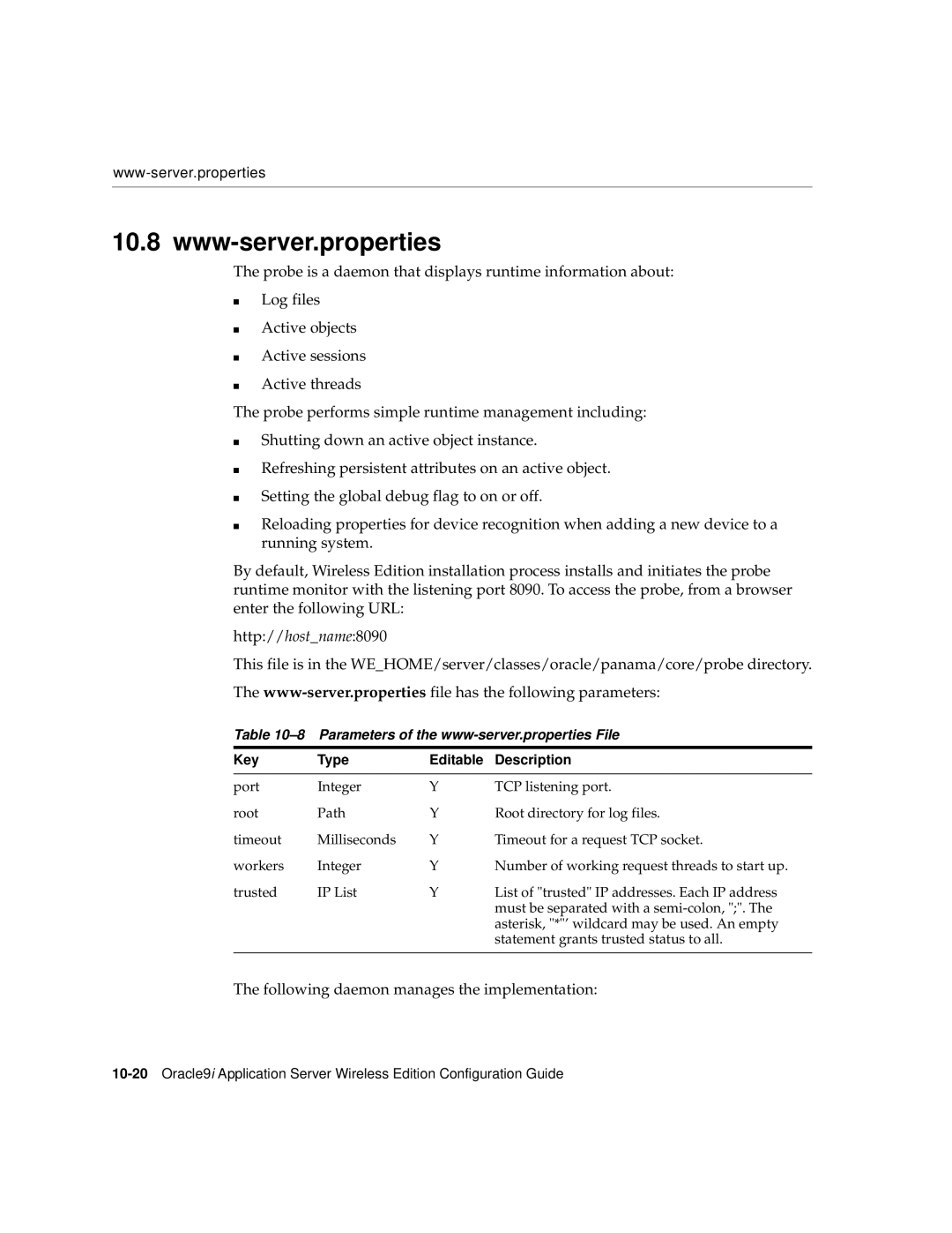 Oracle Audio Technologies 9i manual Www-server.properties, Parameters of the www-server.properties File 