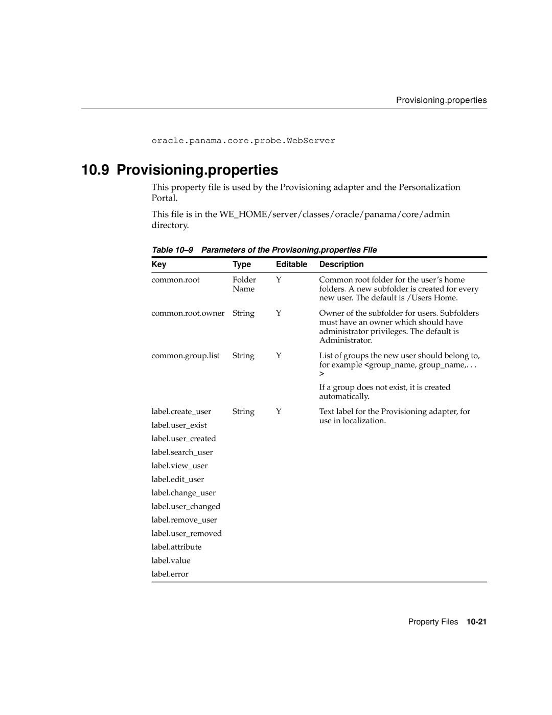 Oracle Audio Technologies 9i manual Provisioning.properties, Parameters of the Provisoning.properties File 