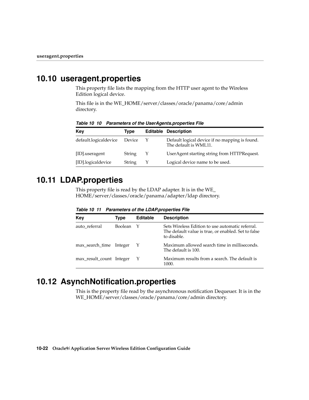 Oracle Audio Technologies 9i manual Useragent.properties, LDAP.properties, AsynchNotification.properties 