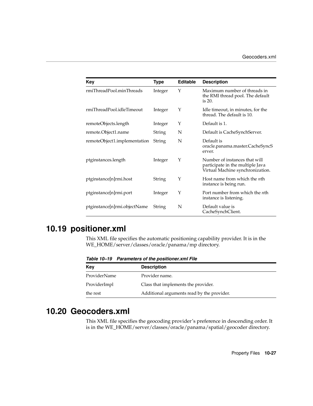 Oracle Audio Technologies 9i manual Positioner.xml, Geocoders.xml, Parameters of the positioner.xml File 