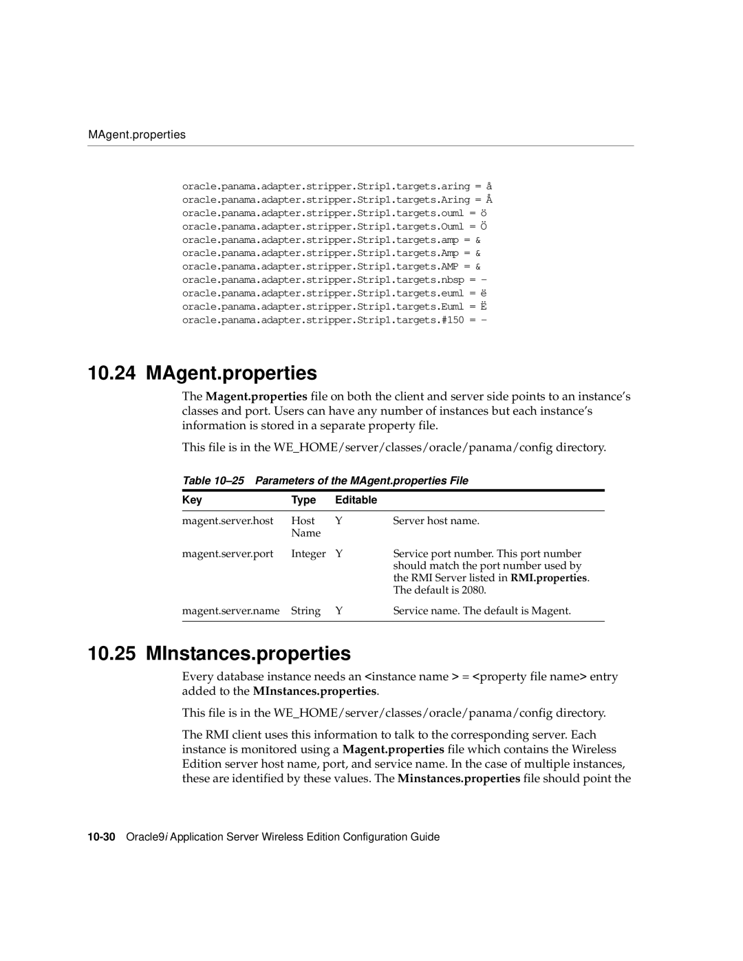 Oracle Audio Technologies 9i manual MInstances.properties, Parameters of the MAgent.properties File, Key Type Editable 