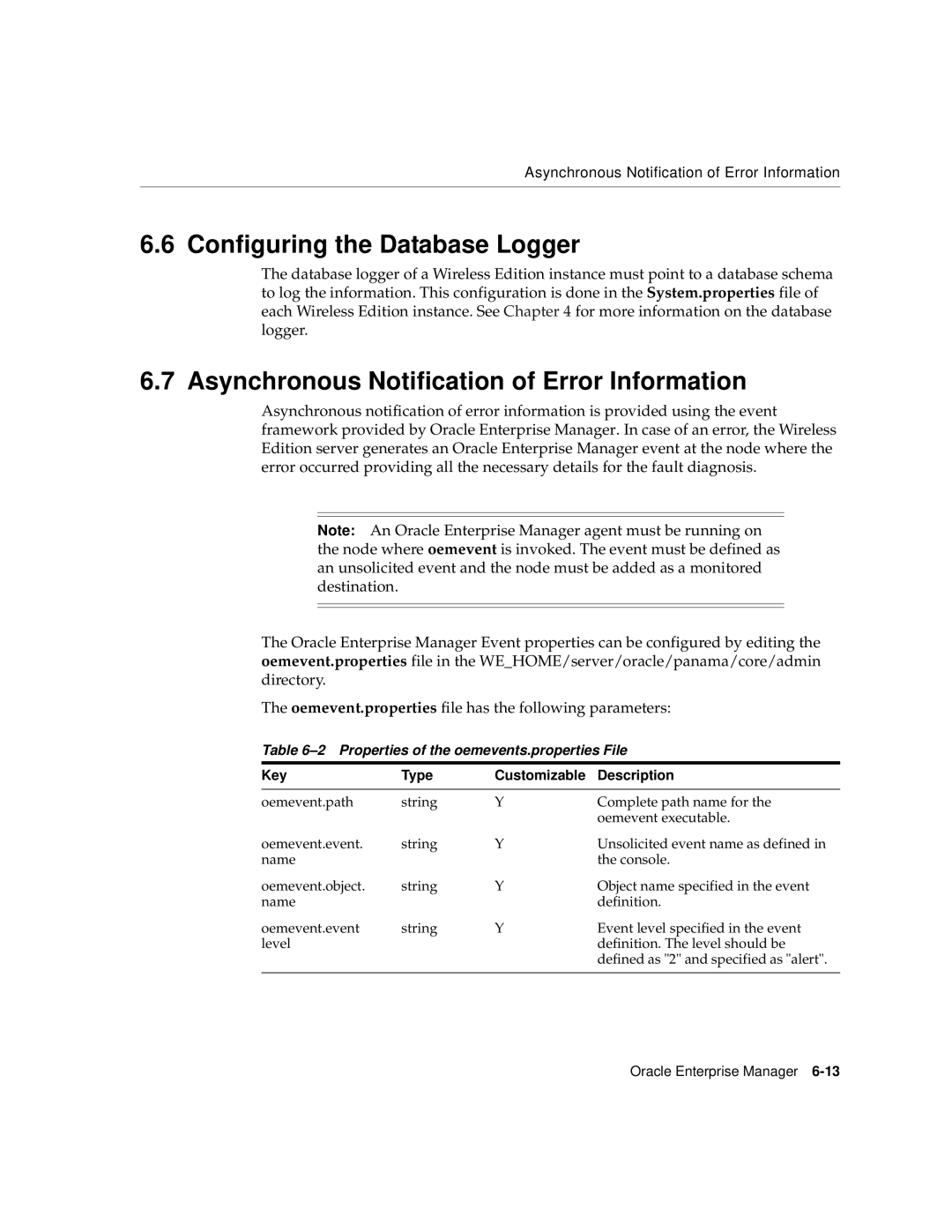 Oracle Audio Technologies 9i manual Configuring the Database Logger, Asynchronous Notification of Error Information 