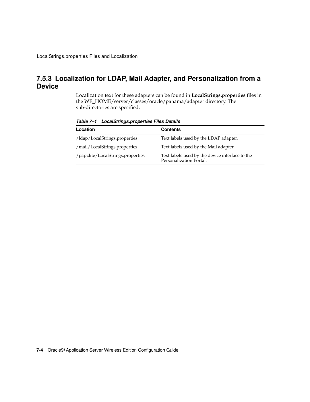 Oracle Audio Technologies 9i manual LocalStrings.properties Files Details, Location Contents 