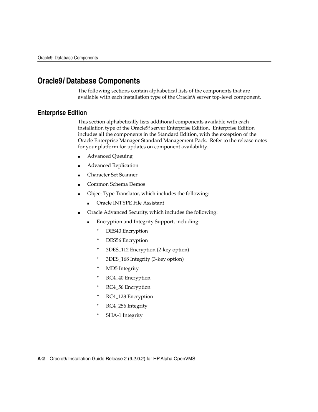 Oracle Audio Technologies B10508-01 manual Oracle9i Database Components, Enterprise Edition 