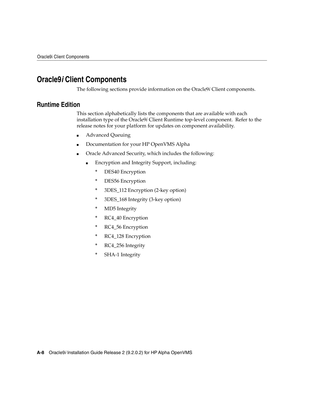 Oracle Audio Technologies B10508-01 manual Oracle9i Client Components, Runtime Edition 