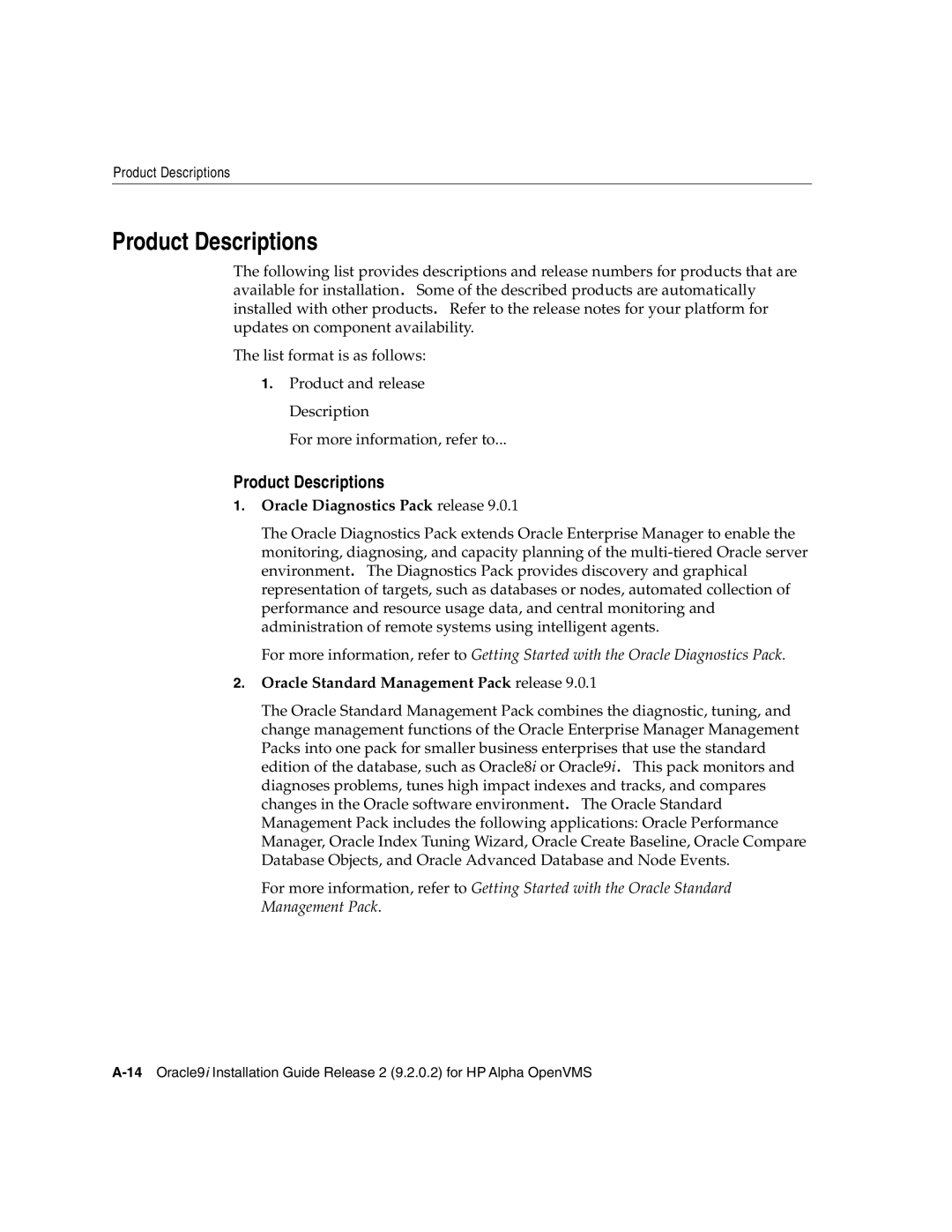 Oracle Audio Technologies B10508-01 manual Product Descriptions, Oracle Diagnostics Pack release 